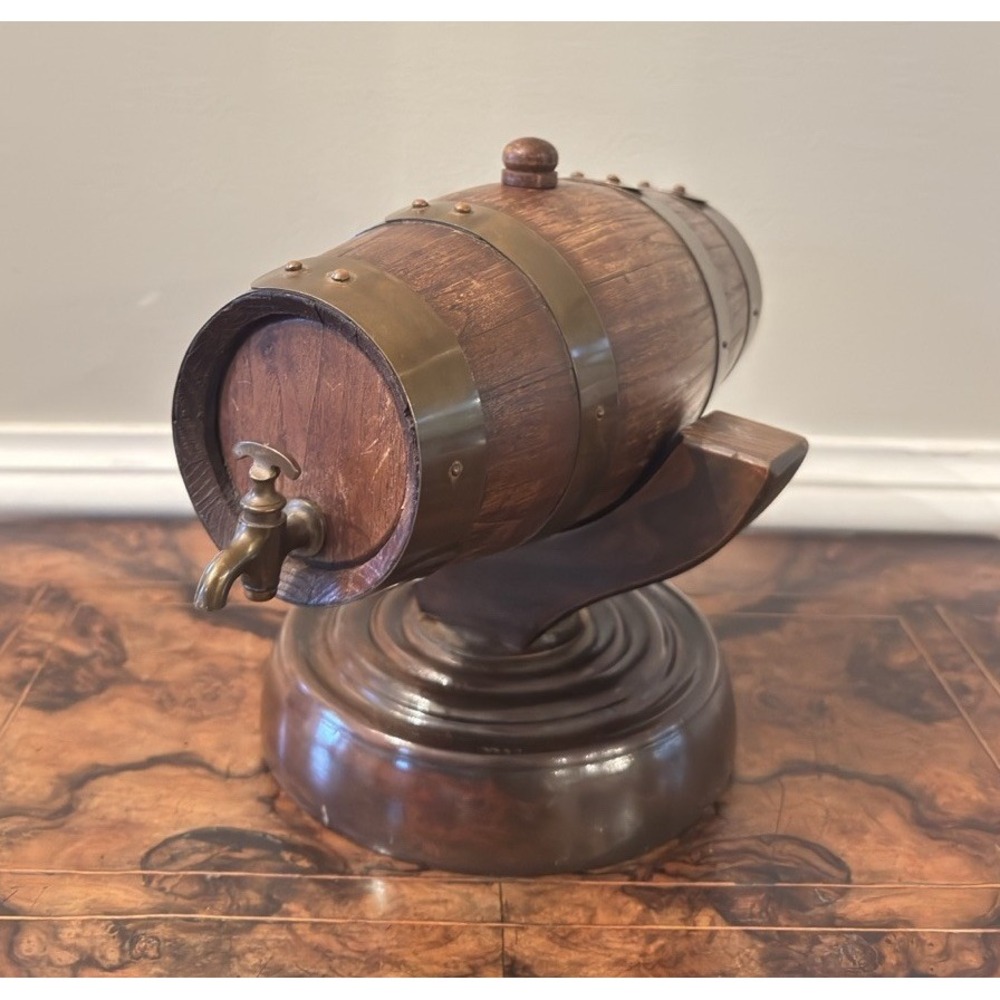 Handmade Spain Wood Barrel Cask w/ Brass Bands & Spigot‎ on Stand Vintage